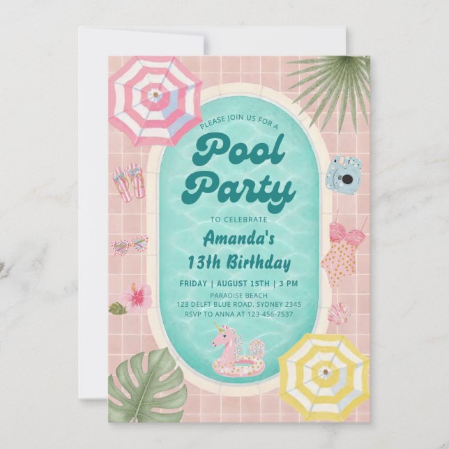 Convite de aniversário para festa de piscina de ve (Frente)