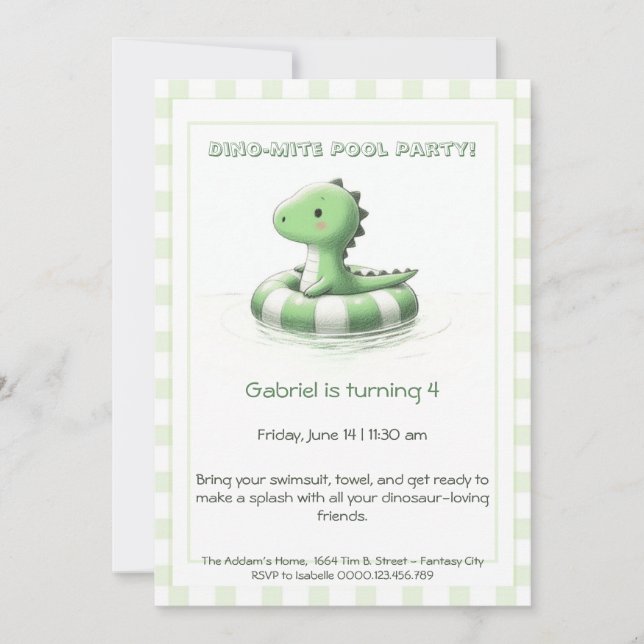 Convite de Aniversário para Festa de Piscina Dino- (Frente)