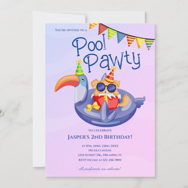 Convite de Aniversário para Festa de Piscina do Cã (Frente)