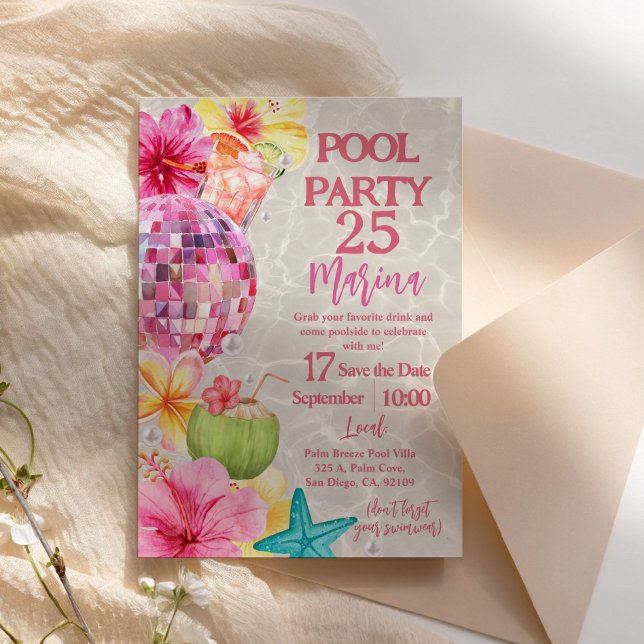Convite de Aniversário para Festa de Piscina Luau  (Summer Disco Luau Pool Party Birthday Invitation)