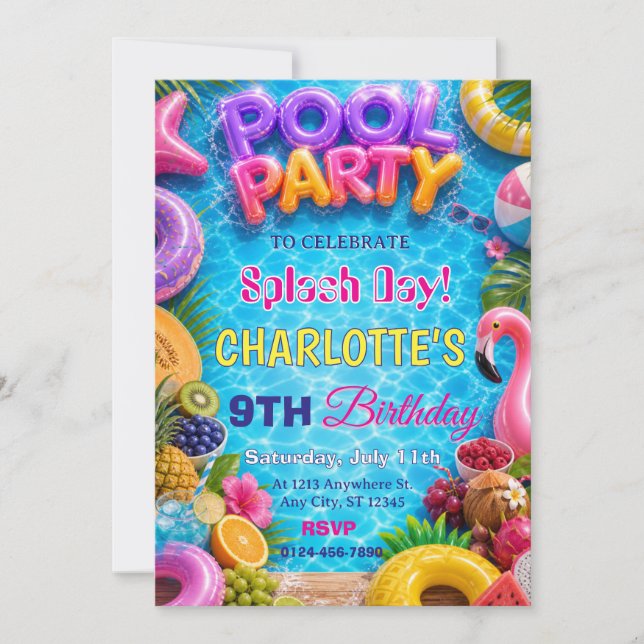 Convite de Aniversário para Festa de Piscina no Di (Frente)