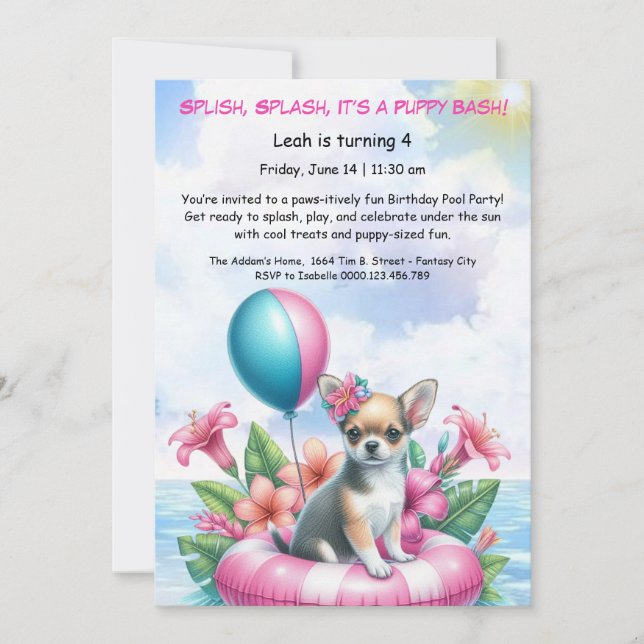 Convite de Aniversário para Festa de Piscina Splas (Frente)