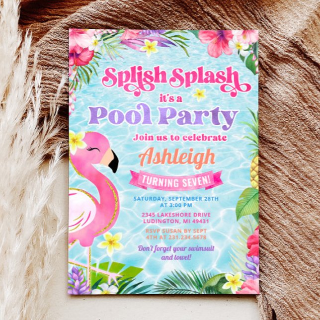 Convite de Aniversário para Festa de Piscinas Meni (Tropical Girly Pool Party Birthday Invitation)