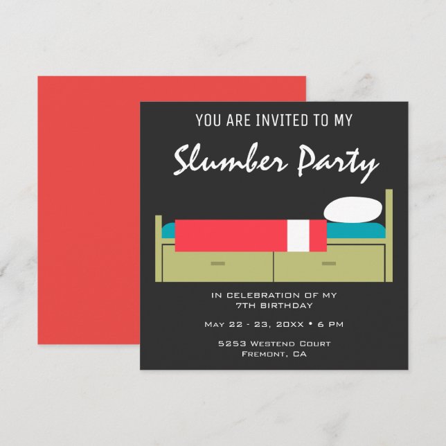 Convite de Aniversário para Festa de Slumber Party (Frente/Verso)