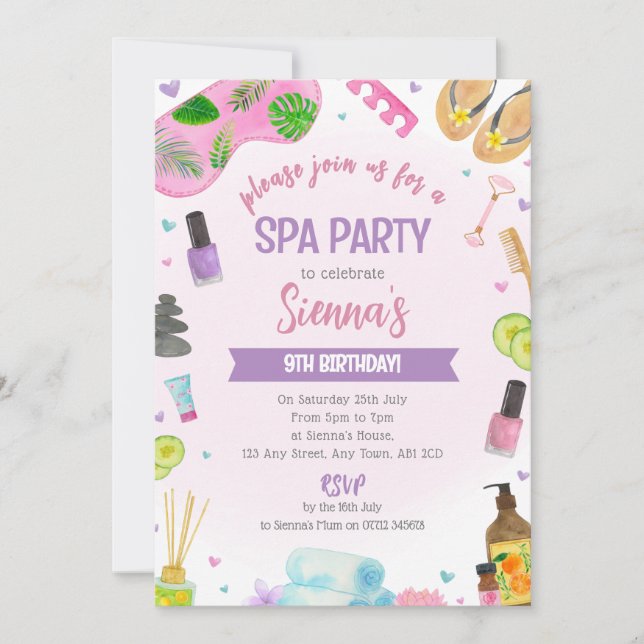 Convite de Aniversário para Festa de Spa Rosa - Mi (Frente)