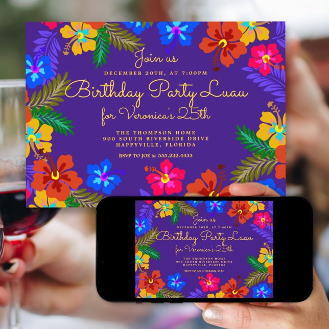 Convite de Aniversário para Festa Luau Roxa (Criador carregado)