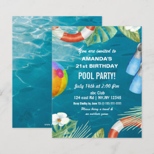 Convite de aniversário para festa na piscina com o
