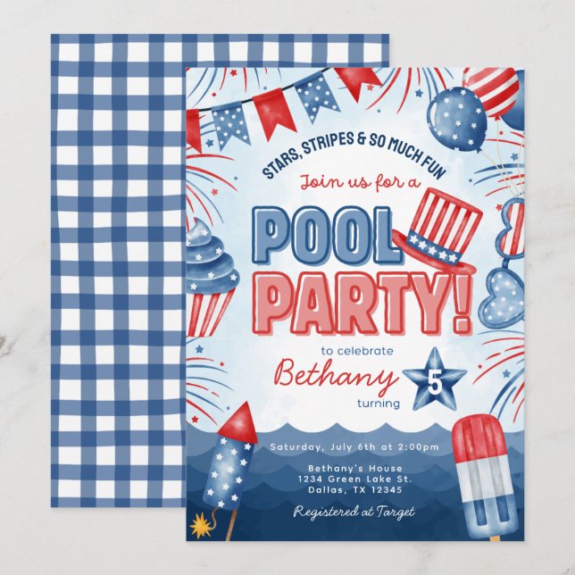 Convite de Aniversário para Festa na Piscina de 4  (Frente/Verso)
