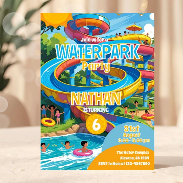 Convite de Aniversário para Festa na Piscina do Pa (Water Park Party Invitation, Summer Pool Party, Waterslide Birthday Party pool party, kids pool part)