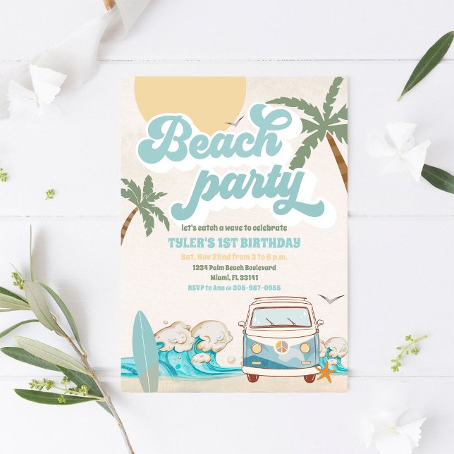 Convite de Aniversário para Festa na Praia Retrô (Criador carregado)