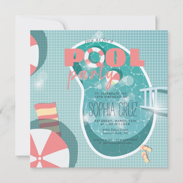Convite de Aniversário para Festa Retro na Piscina (Frente)