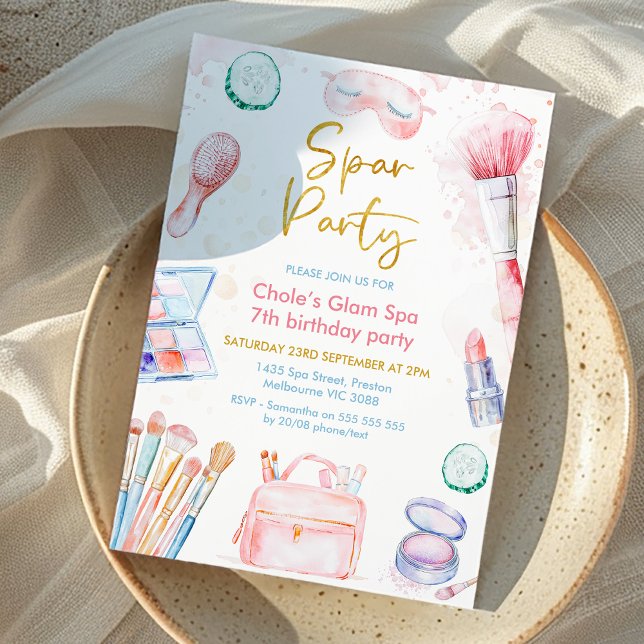 Convite de Aniversário para Festa Spa Dourada Bela (Girls spa or glam spa birthday party invitation, Beauty products spa birthday invitation girl,)