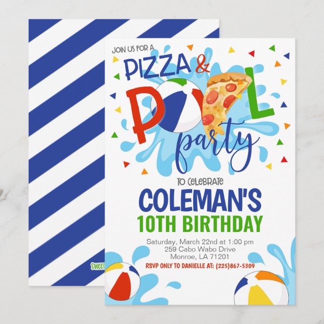 Convite de Aniversário para Festas de Pizza e Pisc (Frente/Verso)