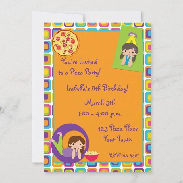 Convite de Aniversário para Festas de Pizza Menina (Frente)