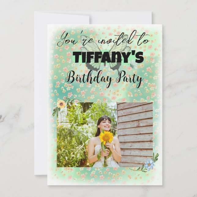 Convite de Aniversário para Flores e Borboletas (Frente)