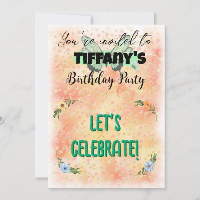 Convite de Aniversário para Flores e Borboletas (Frente)