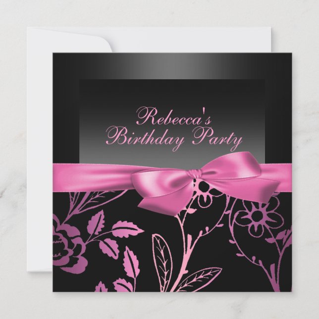 Convite de Aniversário para Flores Pretas e Rosa (Frente)