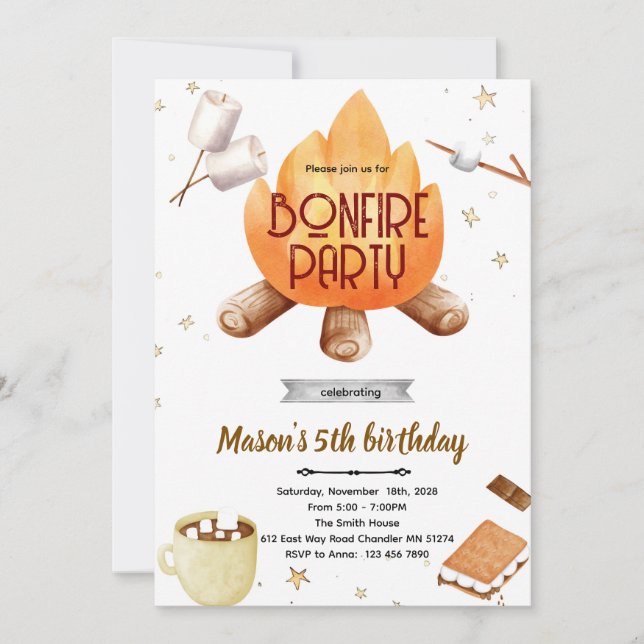 Convite de aniversário para fogueira de Smores fof (Frente)