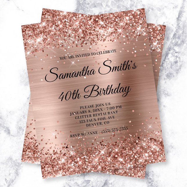 Convite de Aniversário para Folha de Ouro Rosa de  (Glittery Rose Gold Glam Birthday Budget Invite)