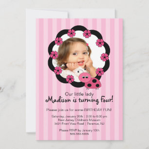 Convite de Aniversário para Foto de Ladybug Rosa 