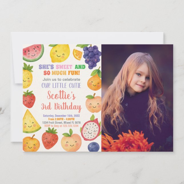 Convite de Aniversário para Frutas Tropicais Brilh (Frente)