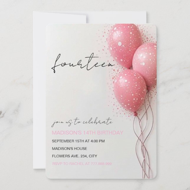 Convite de aniversário para garota, balão rosa (Frente)