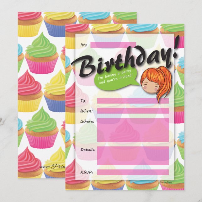 Convite De Aniversário Para Garota Cupcake - Cabel (Frente/Verso)