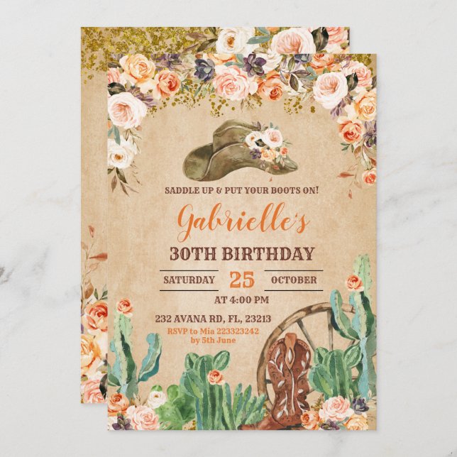 Convite de Aniversário para Garota Ocidental Flora (Frente/Verso)