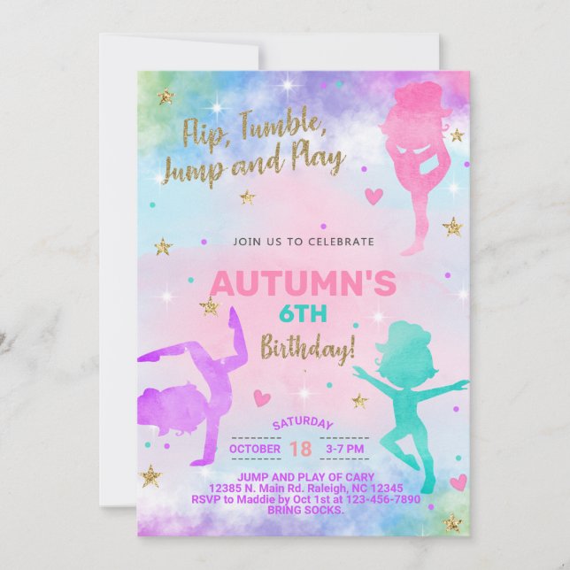 Convite de aniversário para garotas de ginástica. (Frente)