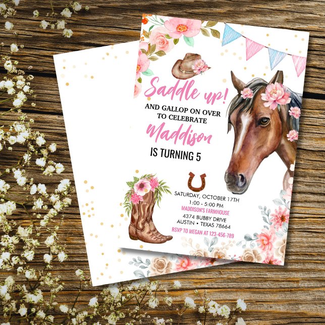 Convite de Aniversário para Garotas Florais Editáv (Horse and flowers invite – adorable for your girl's western birthday bash!)