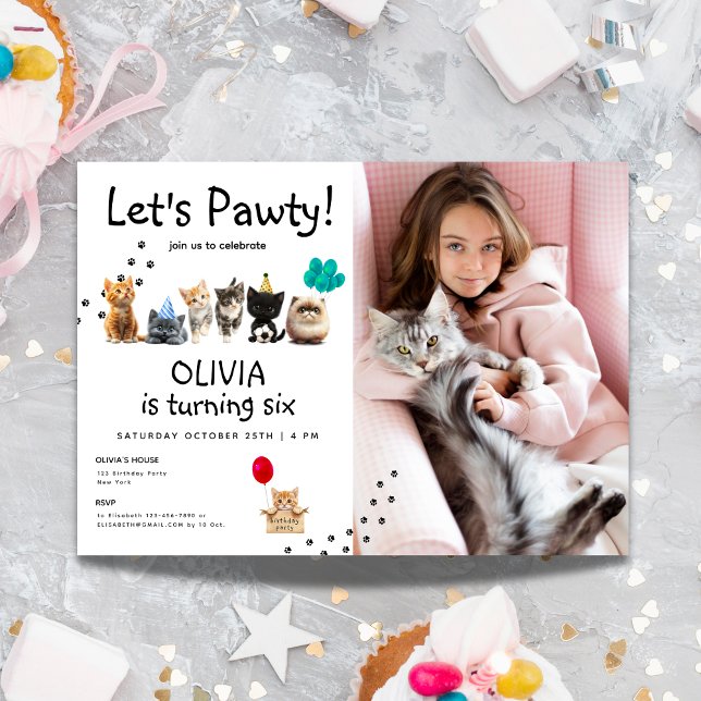Convite de aniversário para gatos de fotografia |  (Photo Cat Birthday Invite | Cute Kitten Pawty)