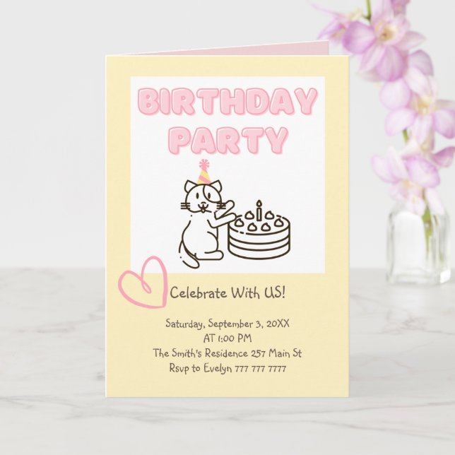 Convite de aniversário para gatos e bolos engraçad (Orquídea)