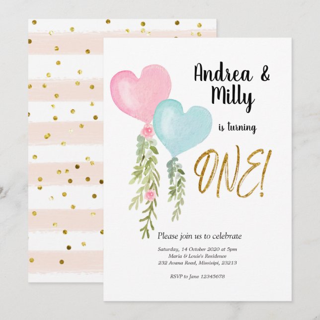 Convite de aniversário para gêmeos balões e menina (Frente/Verso)