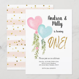 Convite de aniversário para gêmeos balões e menina