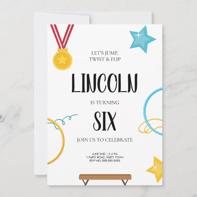 Convite de aniversário para ginástica para meninos (Frente)