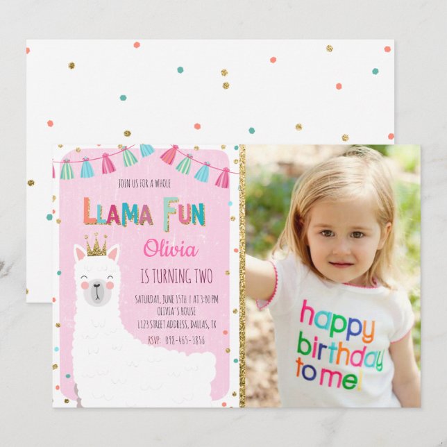 Convite de aniversário para Girl Llama (Frente/Verso)
