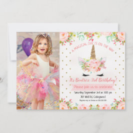 Convite de Aniversário para Girls Floral Unicorn