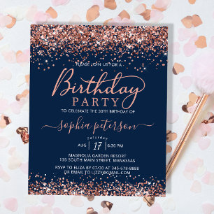 Convite de Aniversário para Glitter Dourado Rosa d