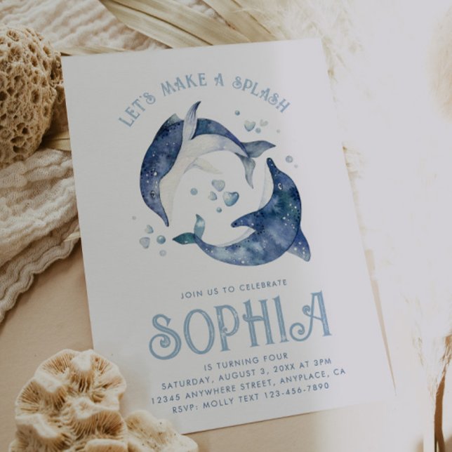 Convite de aniversário para golfinhos de aquarela (Criador carregado)