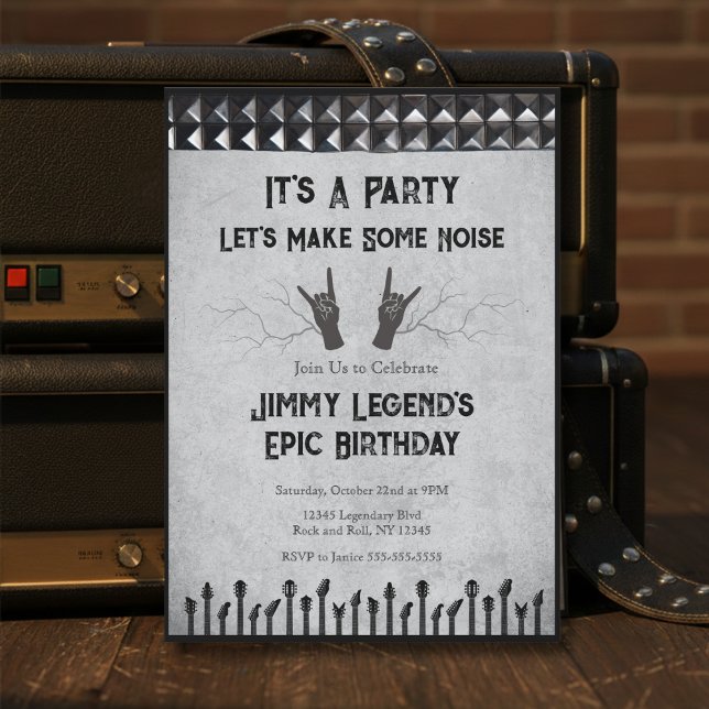 Convite de Aniversário para Guitarrista de Rock Ép (It's a Party! Let's Make Some Noise with this Epic Rockstar Guitarist Birthday Invitation! )