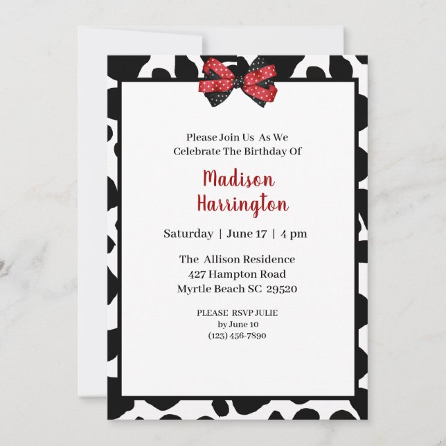 Convite de Aniversário para Impressão de Vaca (Frente)