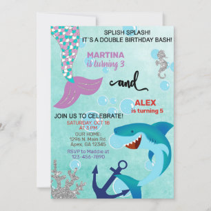 Convite de aniversário para irmãos Shark e Mermaid