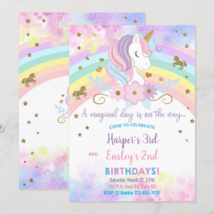 Convite de aniversário para irmãos Unicorn e arco-