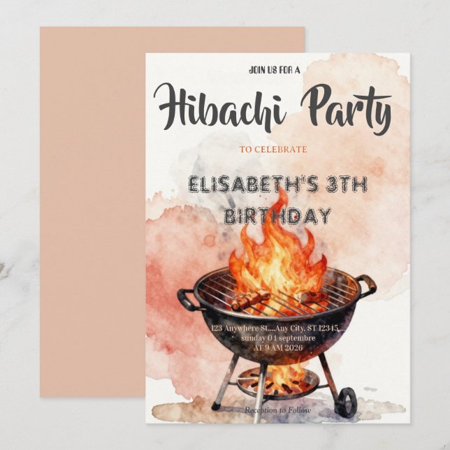 Convite de Aniversário para Jantar Japonês Hibachi (Frente/Verso)