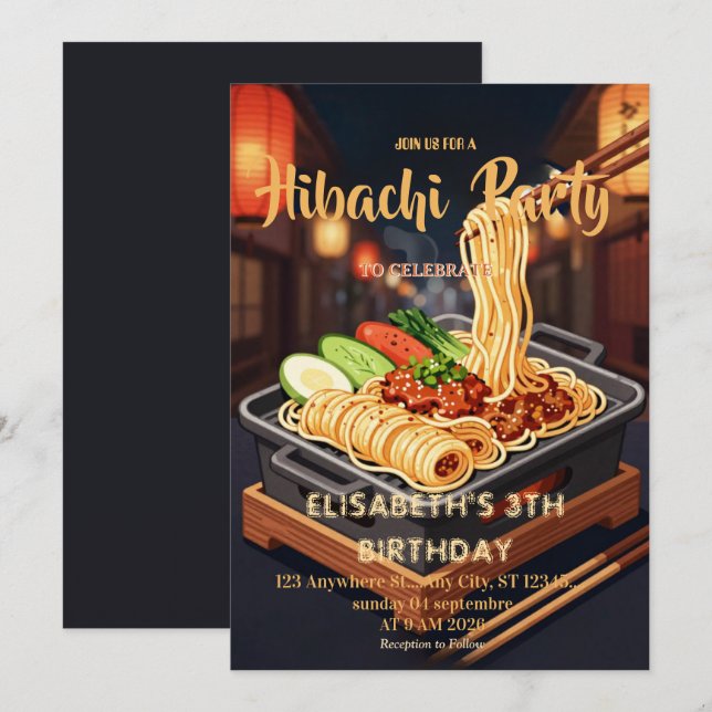 Convite de Aniversário para Jantar Japonês Hibachi (Frente/Verso)