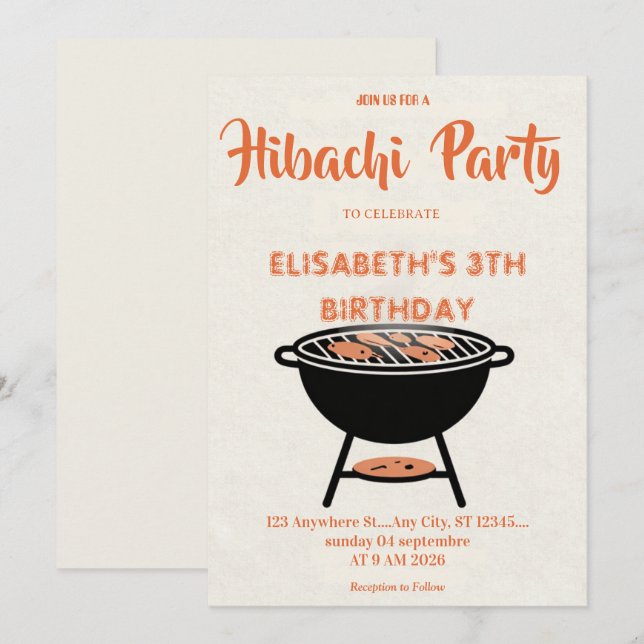 Convite de Aniversário para Jantar Japonês Hibachi (Frente/Verso)