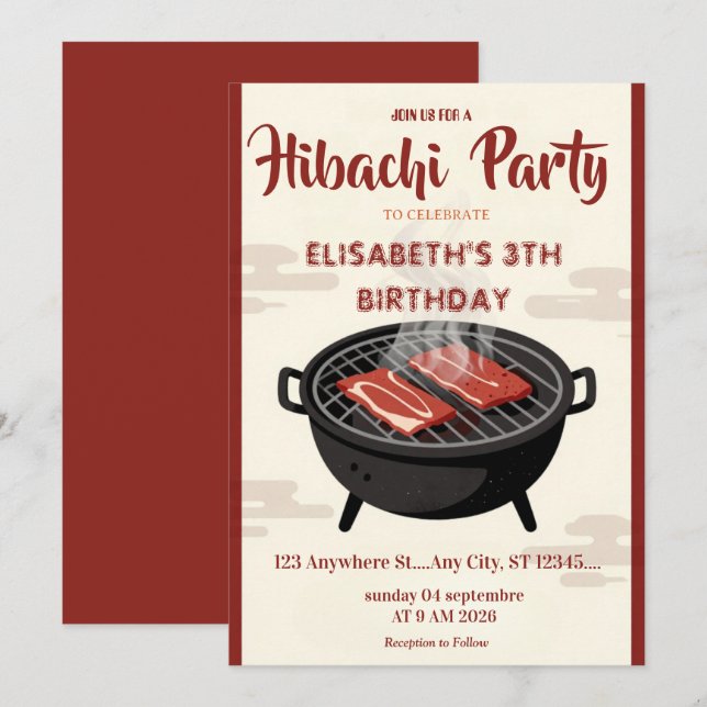 Convite de Aniversário para Jantar Japonês Hibachi (Frente/Verso)