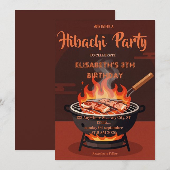 Convite de Aniversário para Jantar Japonês Hibachi (Frente/Verso)
