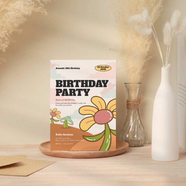 Convite De Aniversário Para Jardim De Flor Retro W (Criador carregado)