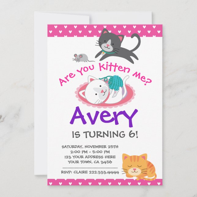 Convite de aniversário para Kitten, festa de adoçã (Frente)